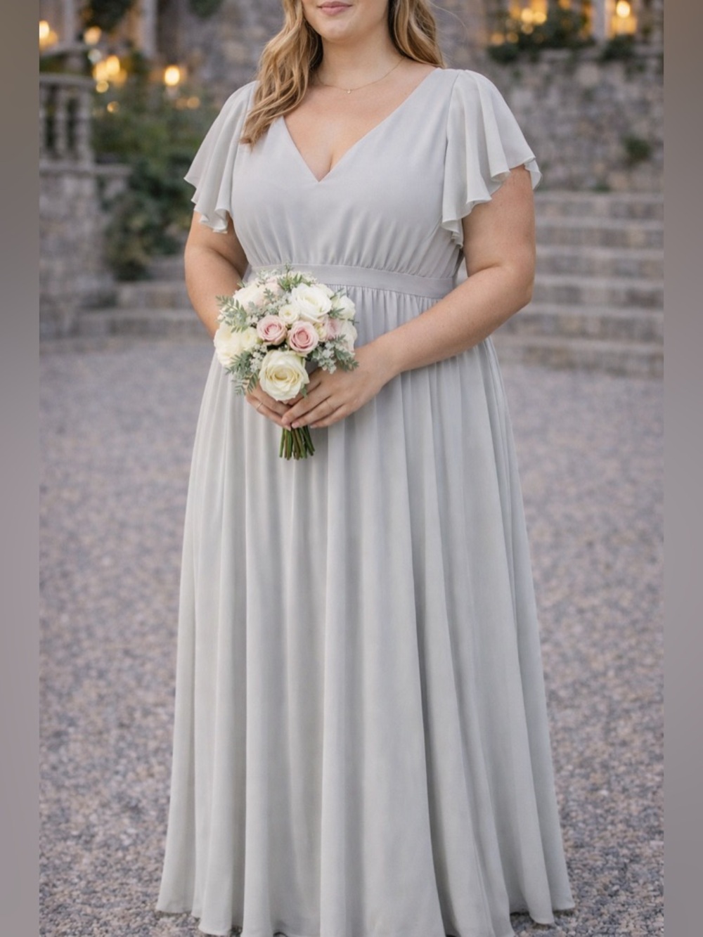 Birdy Grey Bridesmaid Dress 3X Gray‎ Maxi Flutter Sleeve V Neck Formal